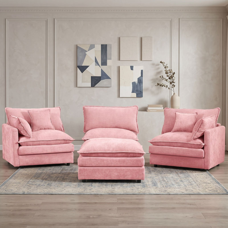 Canapé modulaire d'angle modulaire à trois places avec repose-pieds mobile, Rose