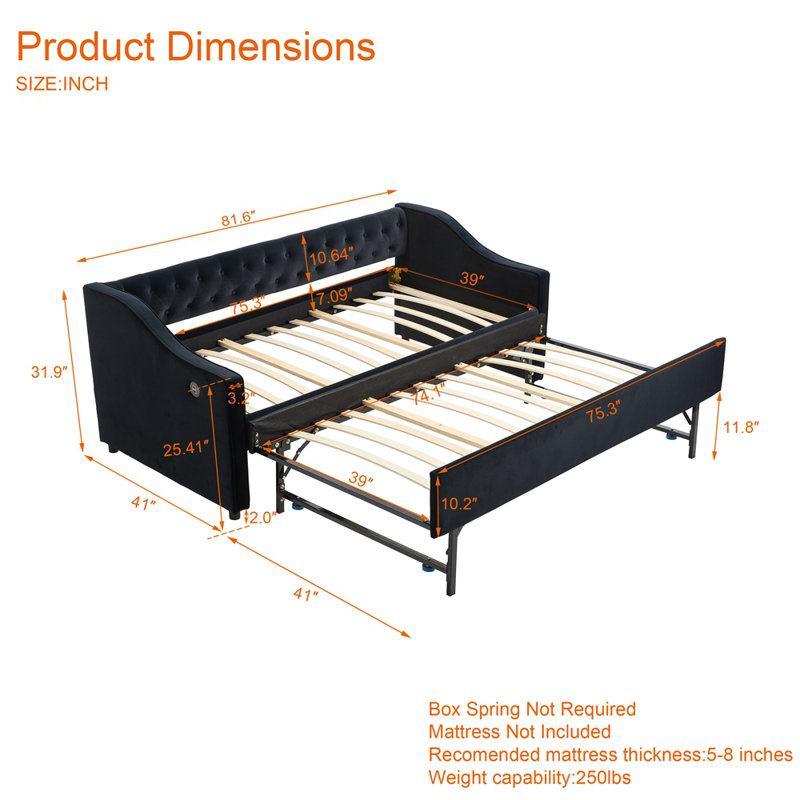 Twin Size Upholstered Daybed with Trundle,USB Port ,Side Pockets,Velvet Daybed with Button on Back and Piping on Waved Shape Arms for Bedroom Guest Room