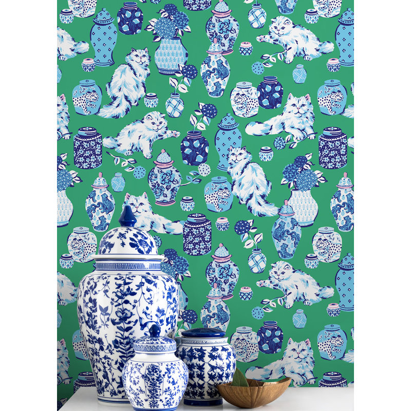 Fancy Cats Green Peel and Stick Wallpaper, Green