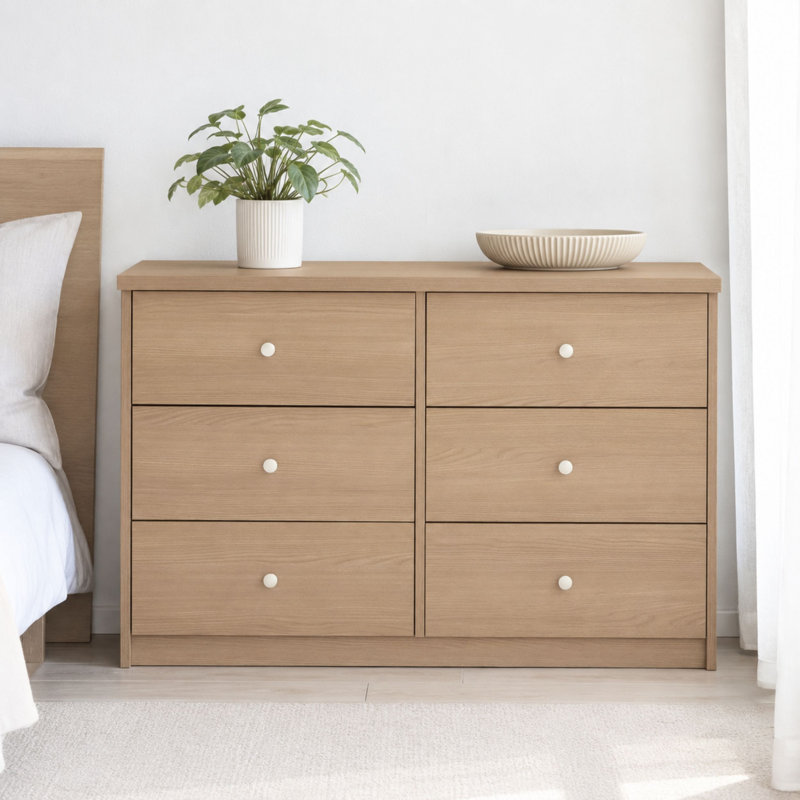 Ingrassia 6-Drawer Wide Chest of Drawers, 3 + 3 Bedroom Furniture Storage, Brown