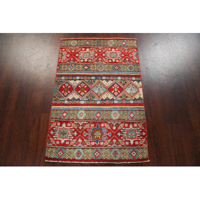 Tapis rouge en laine noué à la main de conception unique 2 pi 10 po x 4 pi 3 po