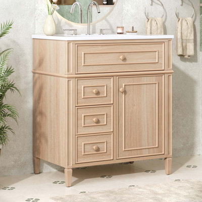 Meuble-lavabo de salle de bain avec lavabo, meuble-lavabo en bois avec tiroir rabattable, 2 tiroirs à fermeture en douceur, 1 porte à fermeture en douceur