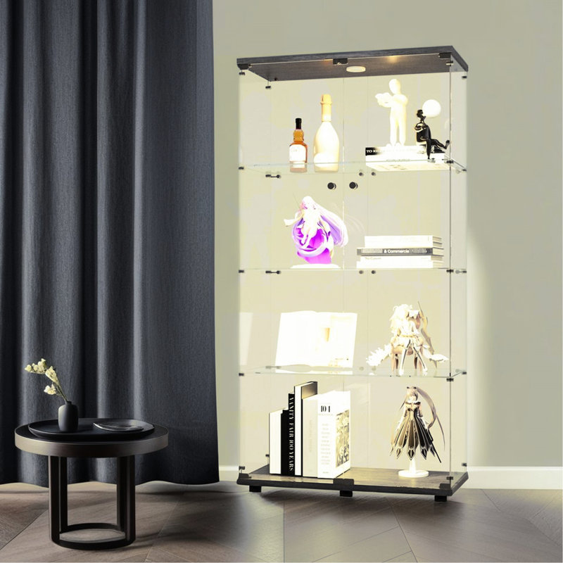 Armoire éclairée à deux portes en verre noir pour présentoir - 65,42H x 31,89L 14,73W, 4 tablettes avec lumières et 12 réglages de couleurs par télécommande, bois massif trempé, coffre-fort, verrou de sécurité, capacité de poids de 15 lb par