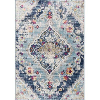 Tapis médaillon bleu et ivoire