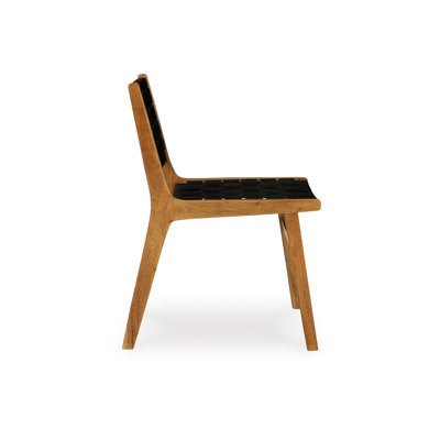 Dinno Dining Side Chair Set Of 2, Brown Wood, Black Woven Leather Seat