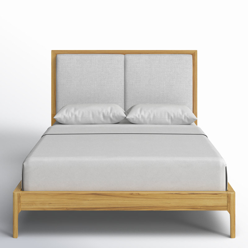 Natural Wood Queen Upholstered Platform Bed with Storage Drawer