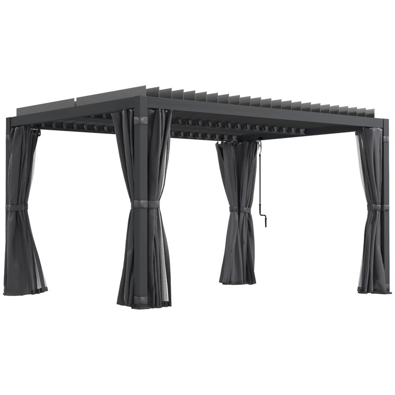 Dark Gray Aluminum Pergola with Adjustable Louvered Roof and Curtains