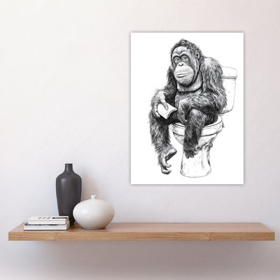 Orangutan Ape On Toilet Funny White Drawing Wall Art Print