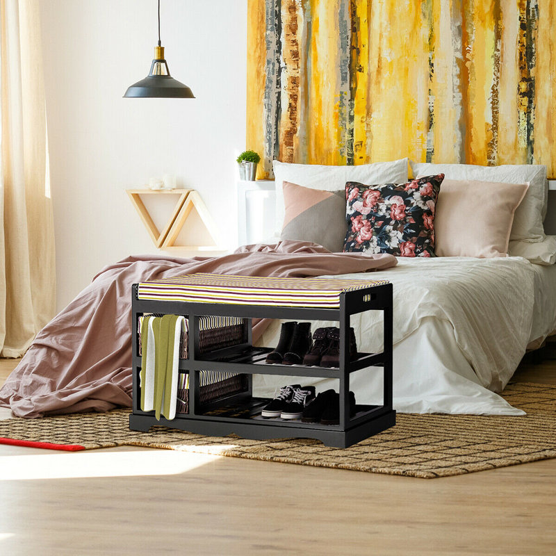 Solid Wood Shoe Storage Bench, Black