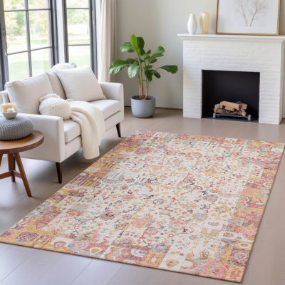 Machine Washable Indoor/Outdoor Xhevrie Pink Rug