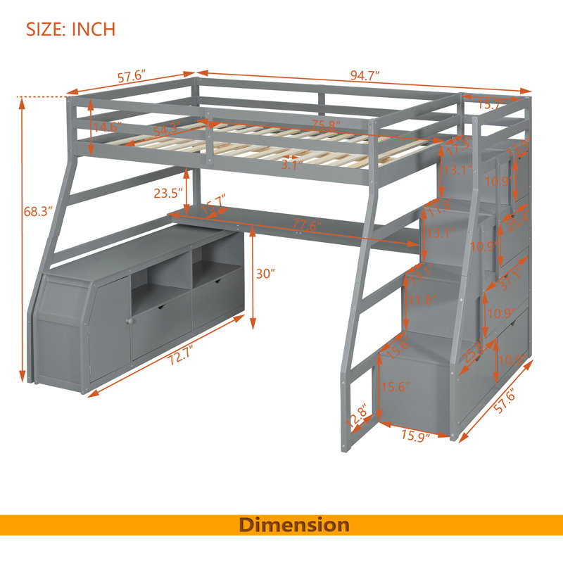 Lit mezzanine double avec 7 tiroirs, 2 tablettes et un bureau, Gris