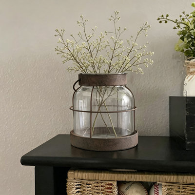 Vase en verre rétro de style campagnard, lanterne rustique décor avec de la verdure artificielle et des lumières DEL, vase en verre de style campagnard pour la décoration intérieure, arrangements floraux et cadeau de pendaison de crémaillère