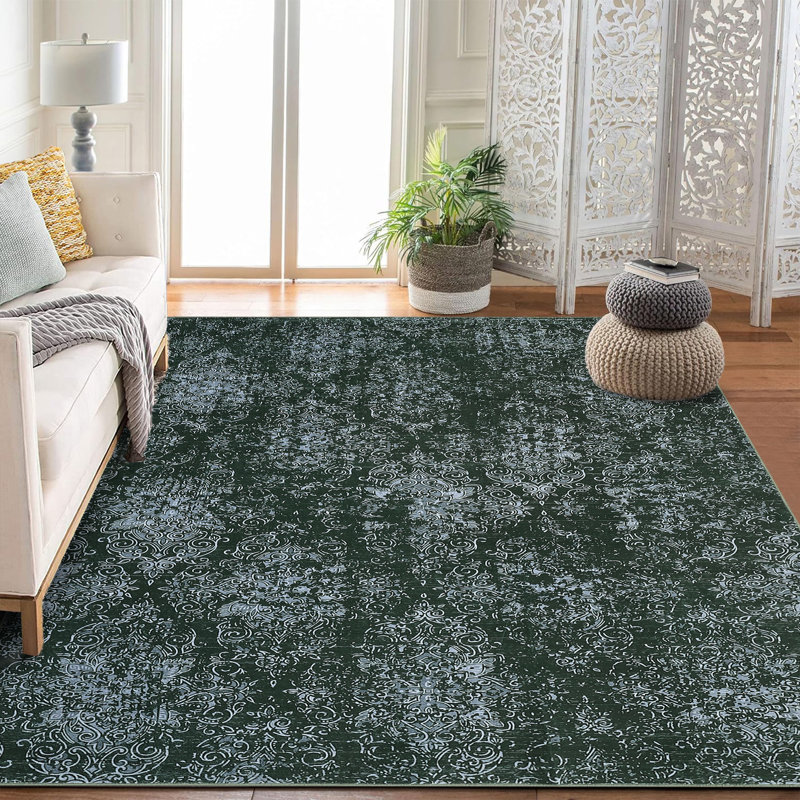 Boho Botanical Floral Area Rug Machine Washable, Thin & Lightweight Throw Carpet Soft Vintage design for Living Room or Bedroom