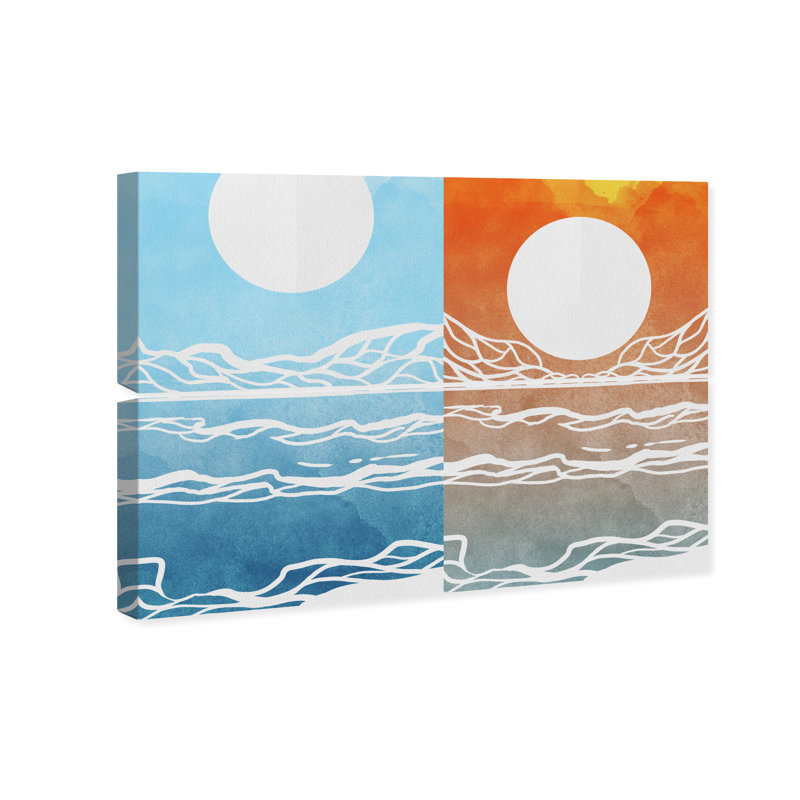 Abstrait dégradé de vagues, ensemble d'art moderne sur toile bleu Mid-Century, H 24 po x l 16 po x P 0,8 po