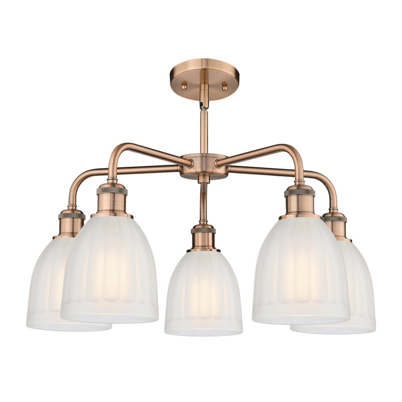 Lustre tambour en acier à intensité variable 5 lumières Poway, Blanc, Cuivre antique