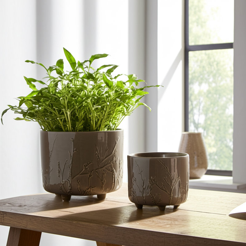 Ceramic Stoneware Planter With Raised Botanical Texture And Footed Base - Modern Decorative Garden Accent
