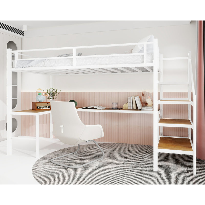 Lit mezzanine avec bureau en L, grand espace de rangement, structure robuste et garde-corps pour les pièces compactes, White