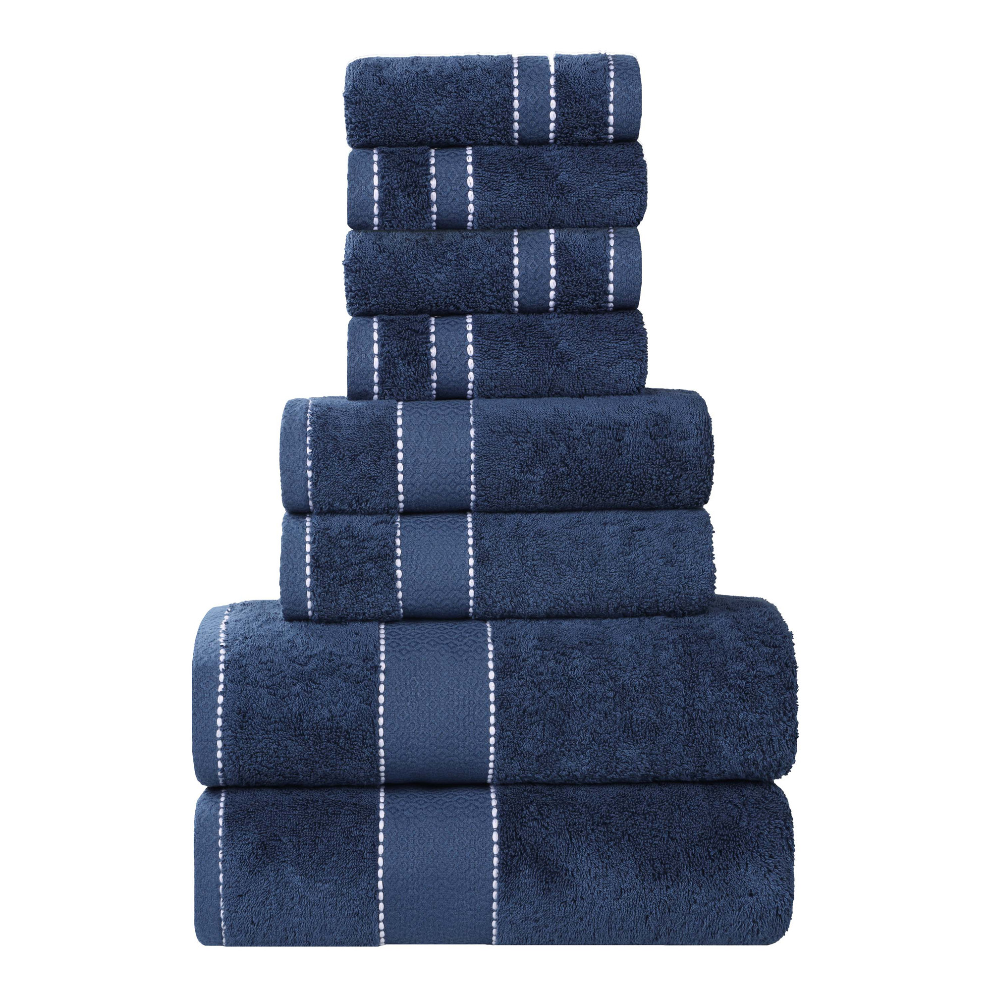 Niles Egyptian Giza Cotton, Diamond Dobby Border, Ultra-Plush Thick, Soft Absorbent, 8 Piece Towel Set, Navy Blue