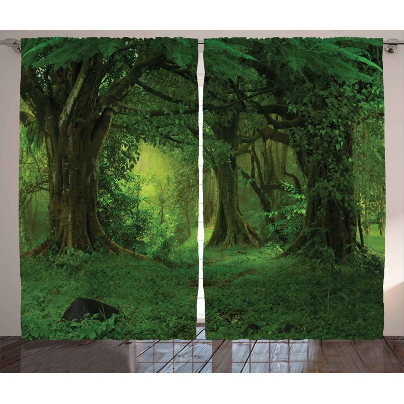 Tropical Jungle Green Polyester Light-Filtering Curtain Panels, 63" x 108"