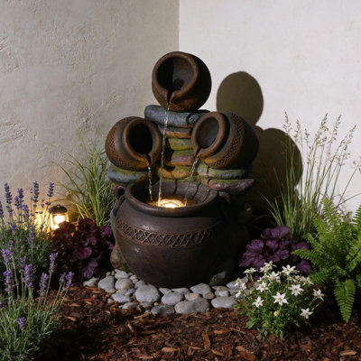 22" Outdoor Water Fountain, Stacked Stones, 3 Tiers Cascading Bowls Garden Fountains Outdoor,Suit For Patio, Deck, Porch, Lawns, Backyard