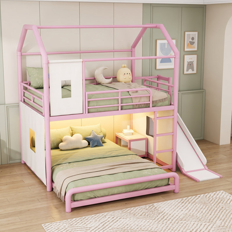 Lit superposé en métal avec glissière, lumière DEL et tablettes, Double sur double, Rose