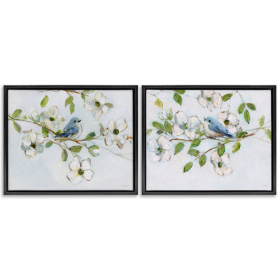 Oiseaux bleus perchés sur une branche, ensemble de 2 cadres flottants, design par Sally Swatland