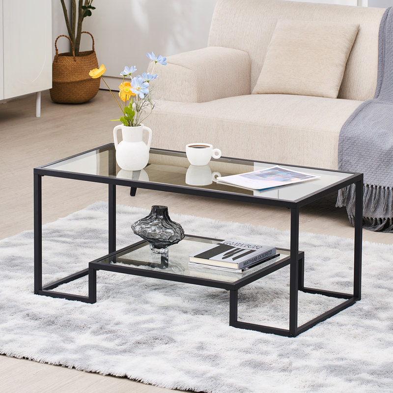 Coffee Table, 2 Tiers Rectangle Glass Center Desk with Open Storage, Modern Tempered Glass Coffee Table, Minimalist Sturdy Metal Frame Accent End Desk for Living Room, Office, Easy Assembly
