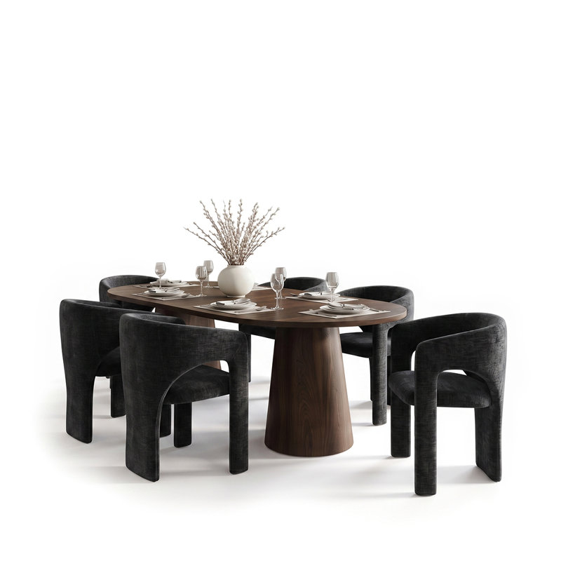 Ensemble de salle à manger rond à ovale extensible avec fauteuils demi-tonneau en chenille, Noir