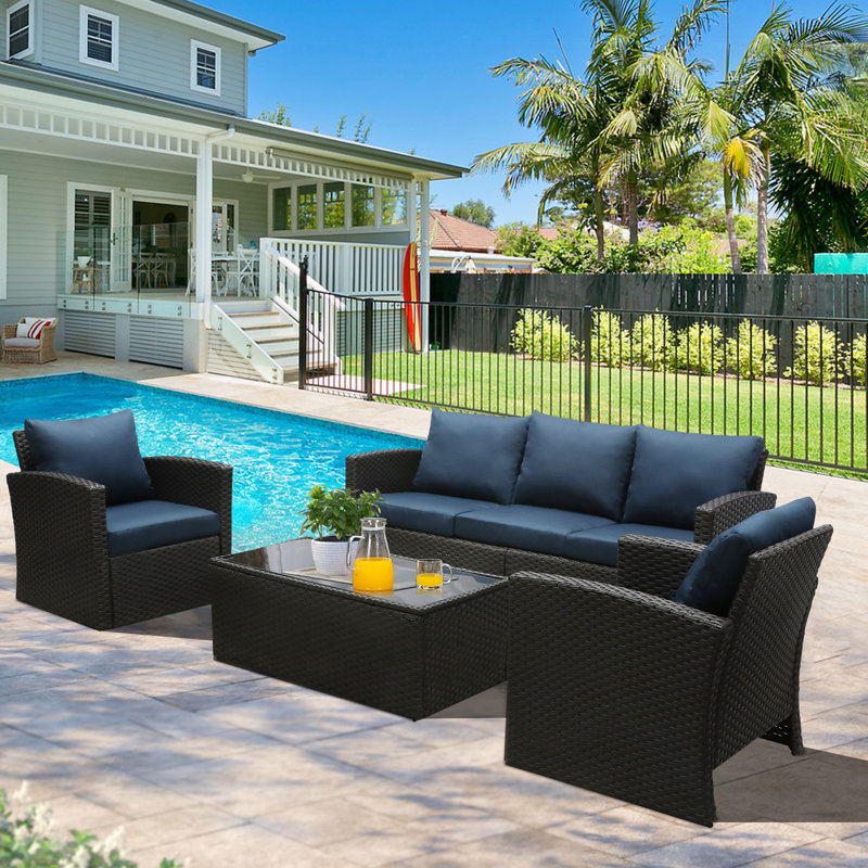 Outdoor Wicker 3 - Person Conversation Sets with Cushions, Navy Blue