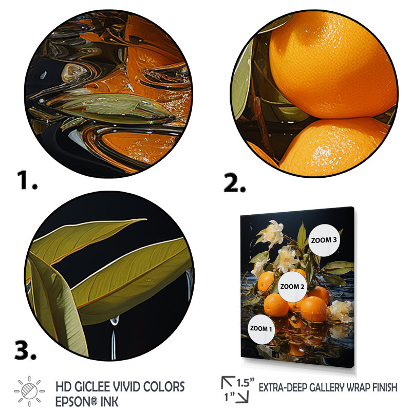 Orange, Sienne sereine, coucher de soleil, lac I - fruits, art mural, H 40 po x l 30 po x P 1,5 po