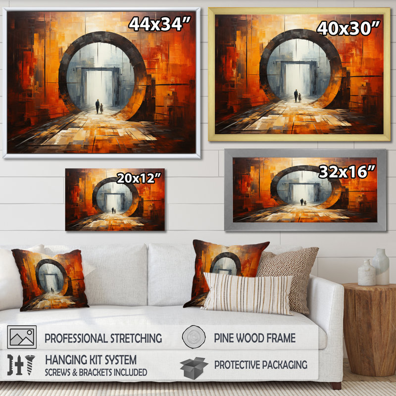 Orange Tunnel entrelacé sur toile, H 34 po x l 44 po x P 1,5 po, Cadre simple noir