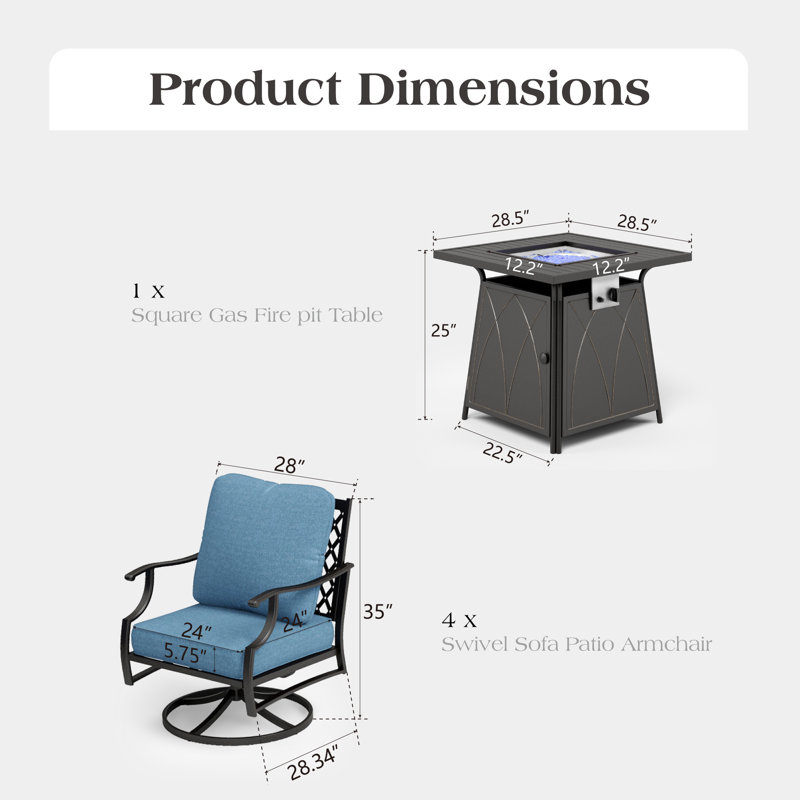 Asfand 4 - Person Outdoor Seating Group with Swivel Lounge Chairs&  Firepit Table, Denim Blue