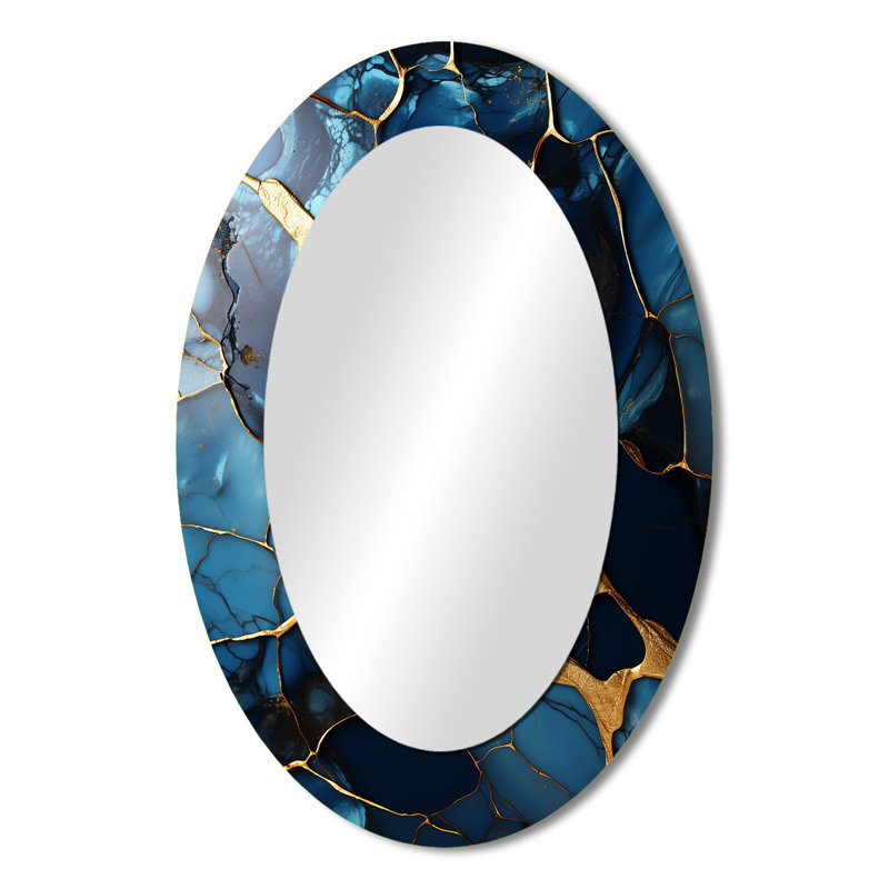 Or et saphir bleu mosaïque de marbre V - miroir mural ovale moderne doré, H 36 po x l 24 po
