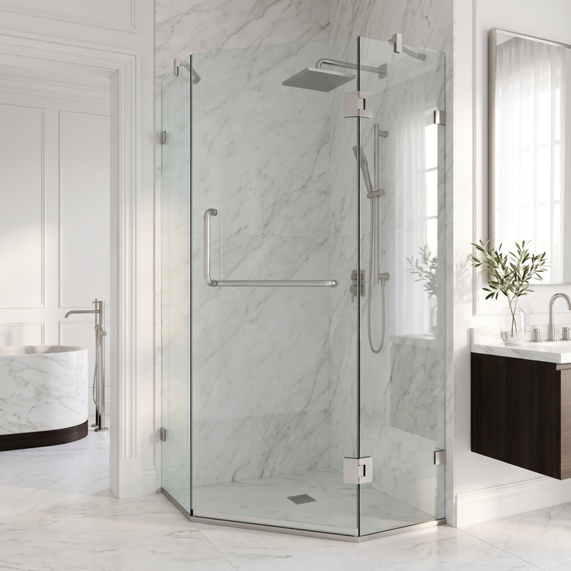 Cabine de douche à charnière sans cadre avec verre transparent 3/8 de l 38 po x P 38 po x H 73 po Piedmont, Nickel brossé