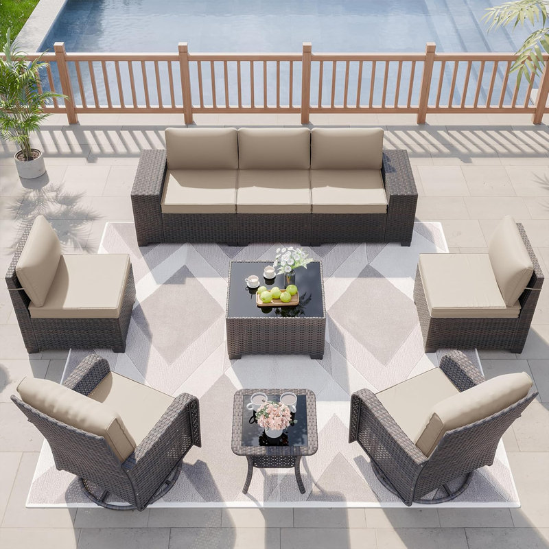 9-Piece All-Weather Wicker Outdoor Patio Set With Cushioned Modular Sectional, Swivel Rocking Chairs & Tables, Sand