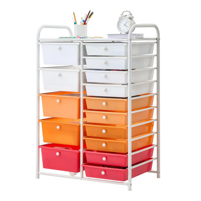 Chariot à roulettes avec tiroirs, organisateur de rangement à 15 tiroirs double rangée, chariot utilitaire mobile avec cadre en acier, roulettes pivotantes et 2 freins, idéal pour le bureau, la salle de classe, l'atelier de loisirs créatifs, le studio, le garage, rouge dégradé