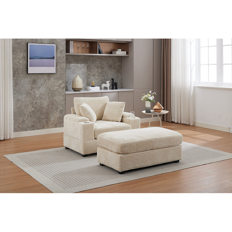 Canapé rembourré avec méridienne et rangement avec main courante et repose-pieds mobile, Beige