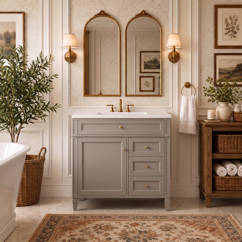 Meuble-lavabo moderne de 91 cm (36 po) avec lavabo simple, meuble de rangement pour salle de bain, lavabo de table, 2 tiroirs et 1 tiroir à bascule, bleu