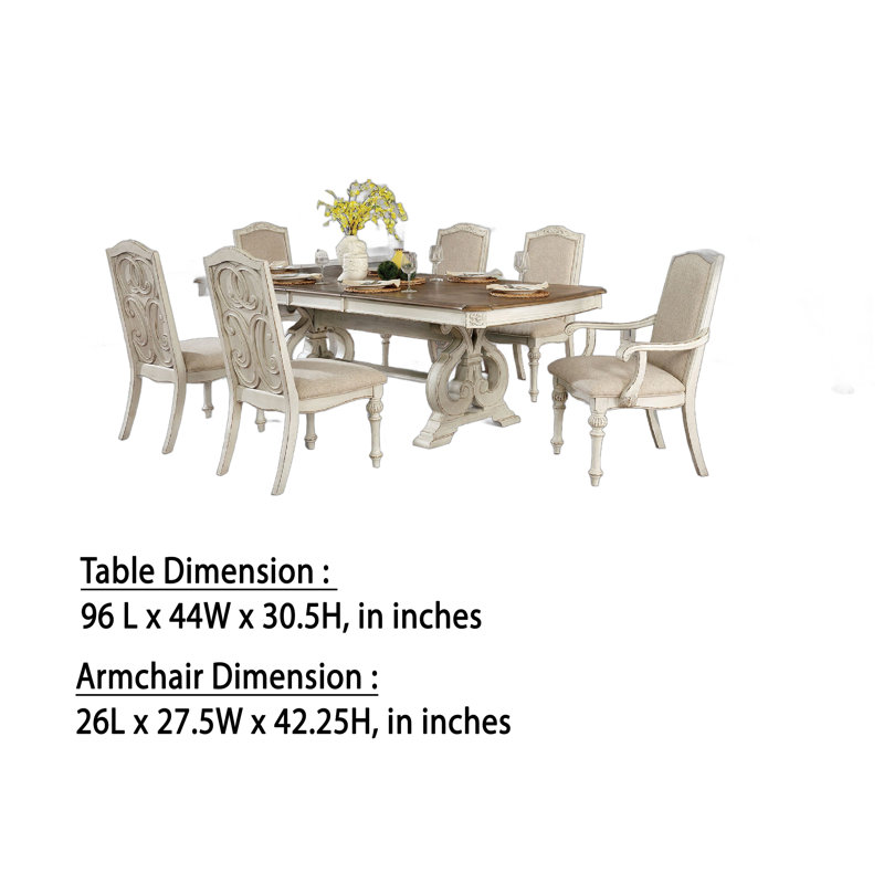 Ensemble de table de salle à manger 7 pièces Arca avec chaises en tissu, bois massif blanc antique