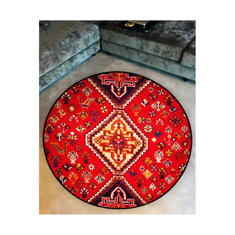 Red Theme Ethnic Motif Traditional Patterned Round Woven Base Vintage Decorative Carpet, Round 5'