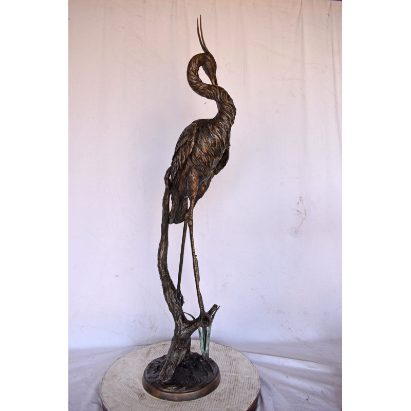 Crane Standing On A Branch Bronze Statue Fountain - Size: 13"L X 7"W X 43"H.