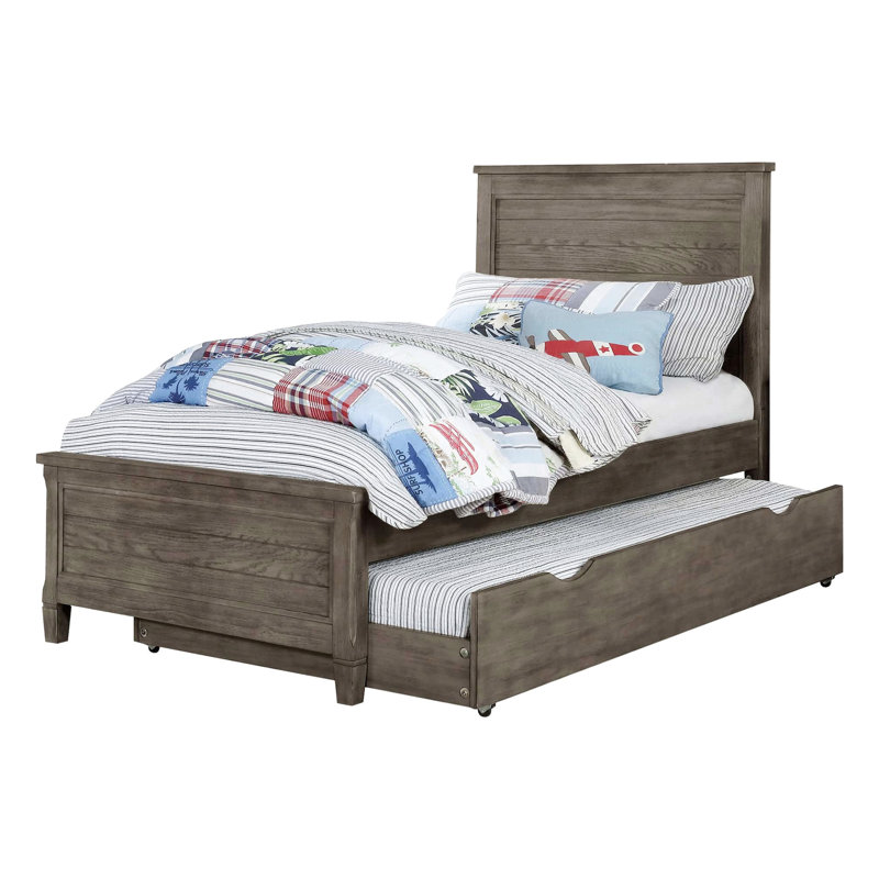 Lit simple avec lit gigogne, transitionnel, gris chaud brossé au fil de fer, bois massif, grain de bois pour la chambre à coucher
