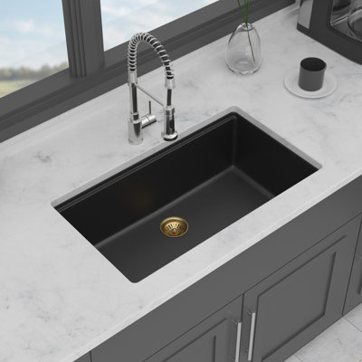 30" X 19" 9.5" Black Quartz Single Bowl Undermount Kitchen Sink, Granite Composite, Noise - Reducing, Hygienic Surface, With Bottom Grid And Installation Guide Composite Sink 9.5", Workstation,