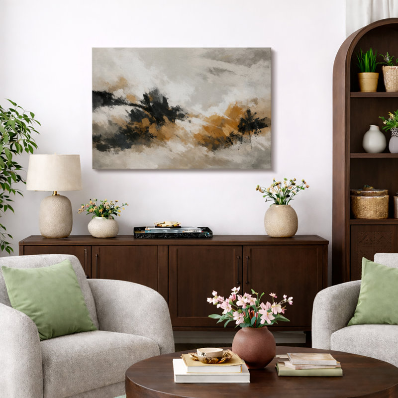 Bold Neutral Abstract Artwork with Black and Ochre Forms, Living Room Pictures, Framed Canvas Giclee Print Wall Art