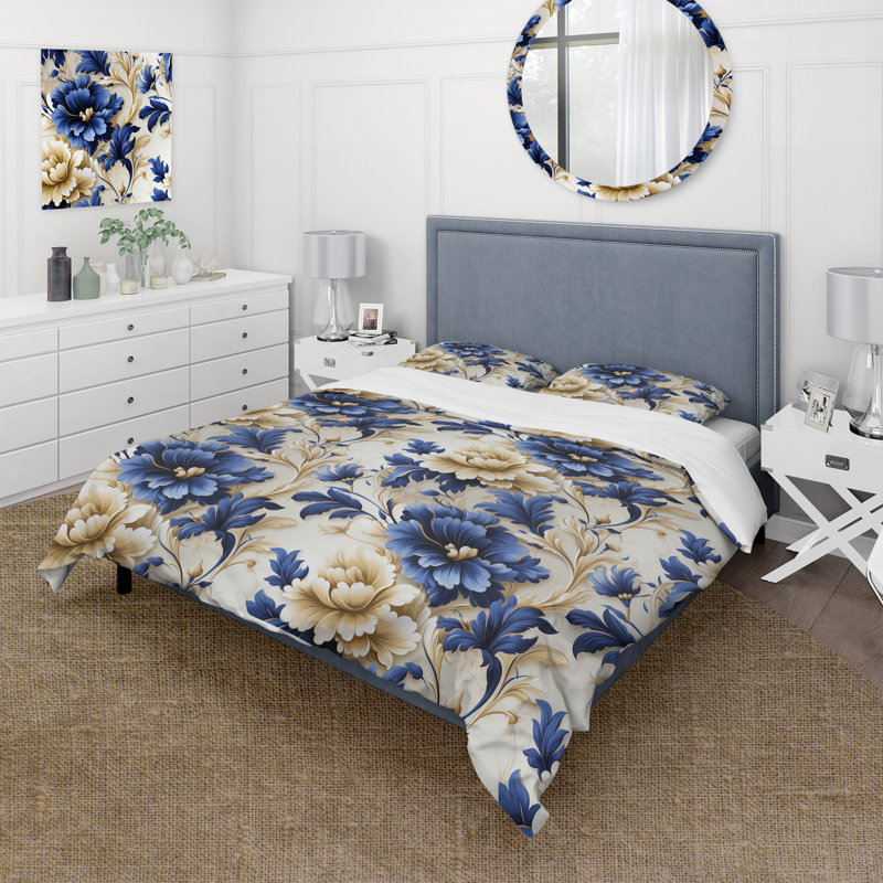 Literie à motif baroque victorien bleu cobalt, Housse de couette pour très grand lit et 2 très