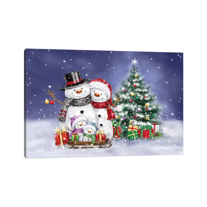 «Snowman Family and Tree» par Makiko - reproduction d'art sur toile tendue, H 8 po x l 12 po x P 0,75 po
