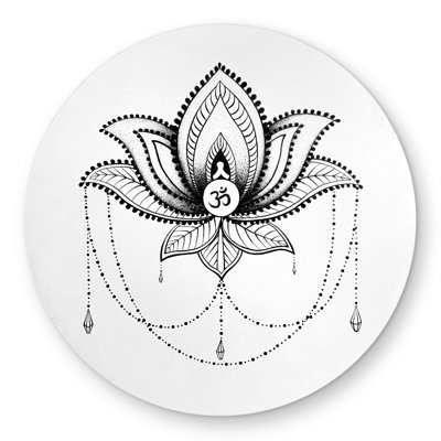 Ethnic Lotus Ornament - Black & White Round Outdoor Rug
