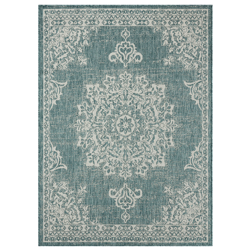 Elegant Blue and White Medallion 8' x 10' Easy-Care Indoor/Outdoor Rug
