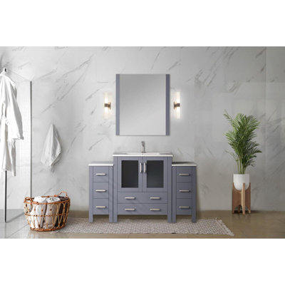 Dark Grey 54 In. Single Bath Vanity Equipped With Side Cabinets, White Ceramic Countertop, 28 Large Mirror, Soft - Close Drawer System, Plywood Filled Design, Wood Frame, And Storage Wide Washbasin