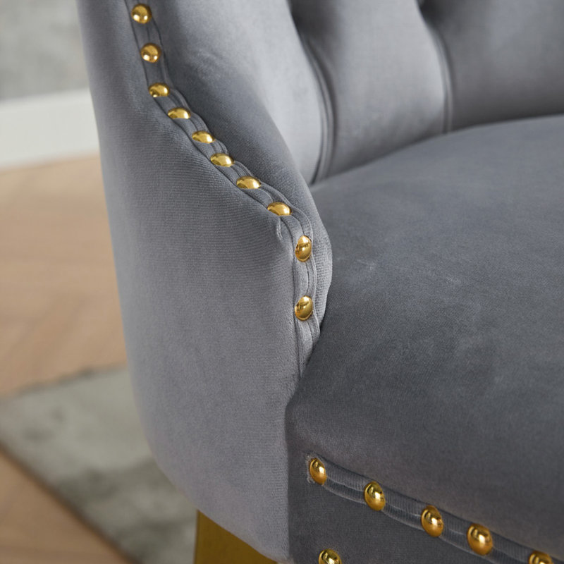 Modern Tufted Upholstered Dining Chair with Nailhead Trim and Solid Wood Legs, Gold, Velvet Gray